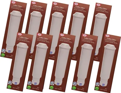 A collection of coffee filter cartridges in their packaging, arranged in a diagonal pattern on a white background.
