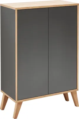 Produktbild von FACKELMANN FINN Badmöbel Set 2 Teile / Doppel-Midischrank mit Push-to-Open fürs Bad / 4 Holzfüße / Badschrank mit 2 Türen / Korpus & Front: Schwarz / Rahmendekor & Füße: Braun hell / Breite: 60 cm