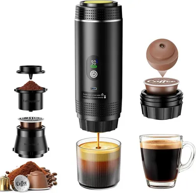Produktbild von Tragbare Kaffeemaschine, 3-in-1 Kapsel-Espressomaschine mit Digitalanzeige, Kapsel- und gemahlener Kaffee, schnelles Aufheizen für Büro, Reisen, Camping, Zuhause (Schwarz)