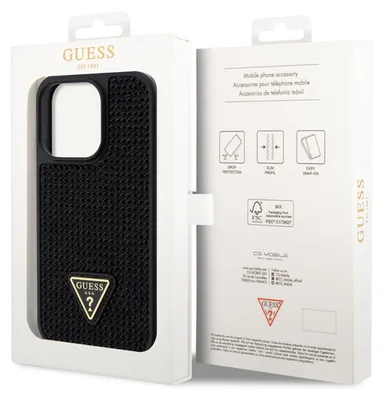 A black Guess phone case is displayed inside its packaging, with the packaging open to reveal the product and information on the inside flap.