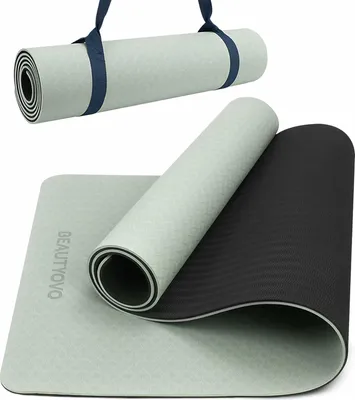 Image de Yogamat, antidérapant, avec sangle, 6,8 mm d'épaisseur Yogamat, tapis de sport professionnel, tapis de fitness, antidérapant, TPE, tapis de gymnastique en PVC pour l'intérieur et l'extérieur, tapis d'entraînement pour les workouts