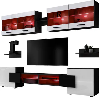 Produktbild von Komodee | Wohnwand, Wohnzimmerset RTV Foggia, Korpus Schwarz Matt Frontfarbe Weiß Hochglanz, LED RGB