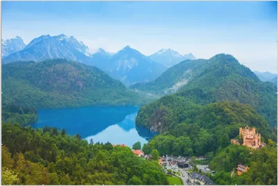 Produktbild von Wallario Wandbild Schloss Hohenschwangau neben dem Alpsee, Größe: 61 x 91,5 cm, Poster mit rahmenlosen Bildhalter