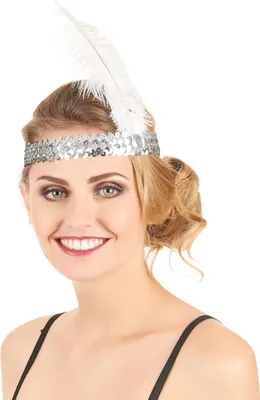 Produktbild von 20er-Jahre Pailletten-Stirnband mit Feder silber - Einheitsgröße