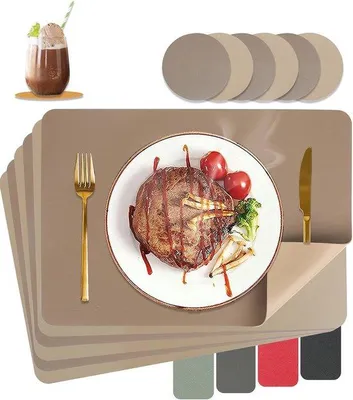 Productafbeelding van Set van 6 Hittebestendige en Dubbelzijdige Placemats in Lederlook - Afwasbaar Tafelonderzetters