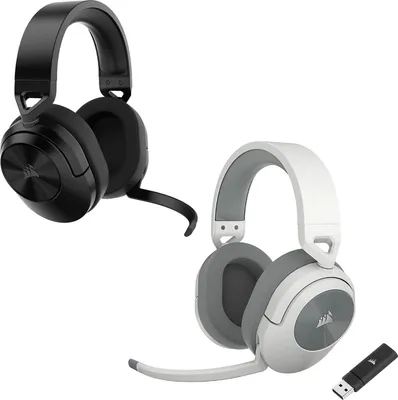 Two Corsair HS55 wireless gaming headsets, one black and one white, are displayed against a white background. A USB dongle is also visible.