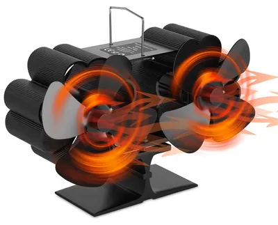 Obrázok produktu pre Ikodm ventilátor do krbovej vložky s 8 lopatkami a 2 motormi, ventilátor do krbovej vložky, ventilátor poháňaný teplom, tichý, s teplomerom do pece, vhodný pre drevené pece
