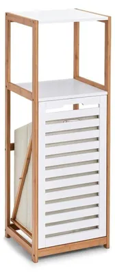 Stehendes Regal mit Wäschekorb, Bambus/MDF, Weiß, 36x33x98 cm