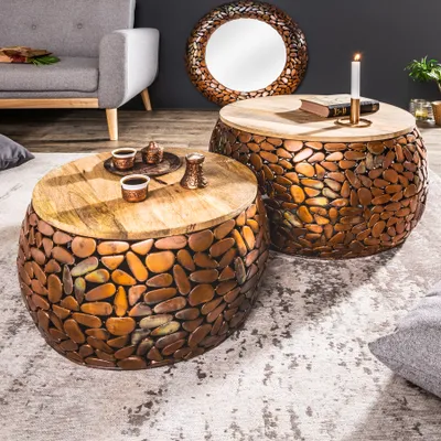 Produktbild von riess-ambiente 2er Set Runde Couchtische STONE MOSAIC 65cm kupfer Mangoholz Metall Mosaik Design Beistelltisch Tisch