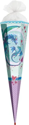 Produktbild von ROTH Schultüte groß Drachenliebe Glitter Pailettenborte 85 cm eckig Rot(h)-Spitze Tüllverschluss Zuckertüte Schulanfang