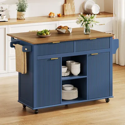 Produktbild von Flieks Kücheninsel auf Rollen mit klappbarer Arbeitsplatte, Küchenwagen mit Gewürzregalen, Handtuchhaltern, Rollbarer Küchenschrank, Cloisonné-Blau
