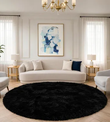 Image de Tapis rond, tapis en Fourrure artificielle, tapis d'intérieur moderne, noir, 100 x 100 cm