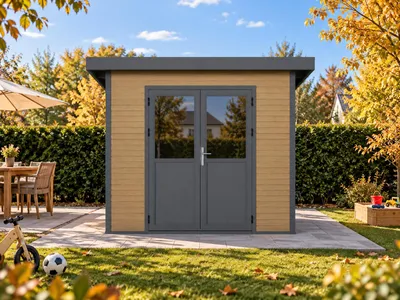 Produktbild von Linholm WPC Gartenhaus Linia 2424 inkl. Dachrinnen-Set, Natur-Beige/Anthrazit