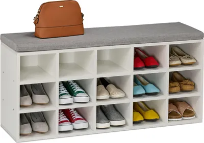 Produktbild von Relaxdays Schuhbank, 15 Fächer, gepolsterte Sitzfläche, HBT: 48x105x30 cm, für Flur, Garderobe, Schlafzimmer, weiß/grau