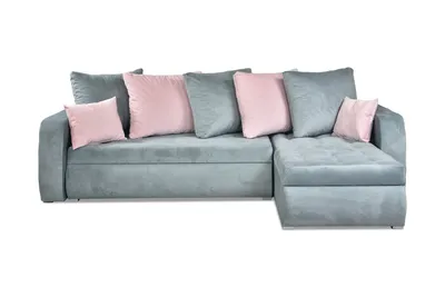Produktbild von Trinity-Ecksofa mit Schlaffunktion und Bettkasten in grau-rosa Farbe.
