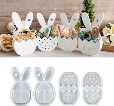 Produktbild von 4 Stück Silikonformen Ostern, Gießformen für Kleiner Blumenkorb & Hase, Flexible Silikon Gießformen Gips zum Gießen für DIY Osterdeko Handwerk