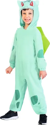 A child wearing a green Pokemon Bulbasaur costume.