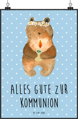 Produktbild von Mr. & Mrs. Panda Bild Bär Kommunion DIN A4 - Blau Pastell - Geschenk, wanddeko, kunstdruck poster, Plakat, Designposter, Teddy, Gottes Segen, Katholisch, Taufkerze