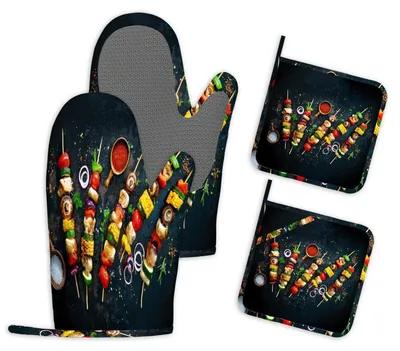 Produktbild von 4er Set Ofenhandschuhe und Topflappen Silikon Hitzebeständig Rutschfest zum Kochen und Grillen