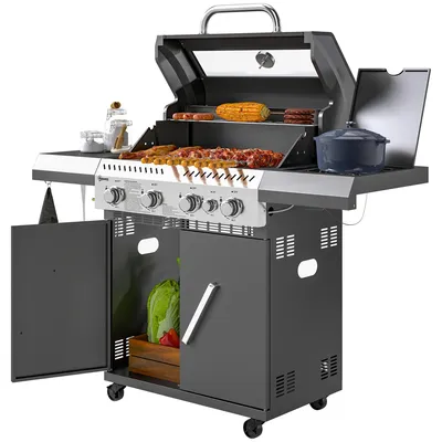 Produktbild von Gasgrill 12 KW Grillwagen inkl 5 Brenner Seitenkocher Rolle Deckel Thermometer Seitenablagen 135 x 54 x 110 cm