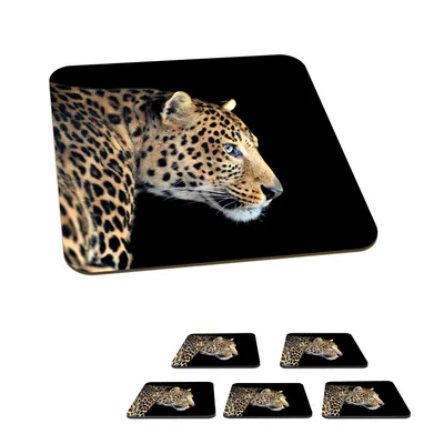 Produktbild von KitchenYeah® Glasuntersetzer Quadratisch 6er Set Leopard - Tiere - Schwarz 10x10 cm Untersetzer für Gläser - Getränkeuntersetzer - Tischplattenschutz - Tischuntersetzer für Tassen Tisch Bar Glas