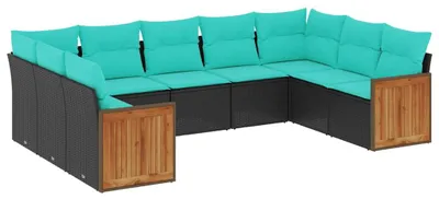 Produktbild von vidaXL 9-teiliges Gartensofa-Set mit Kissen, schwarzes Polyrattan