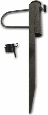 A metal ground spike for a sun umbrella stand, shown with a separate black adapter piece.