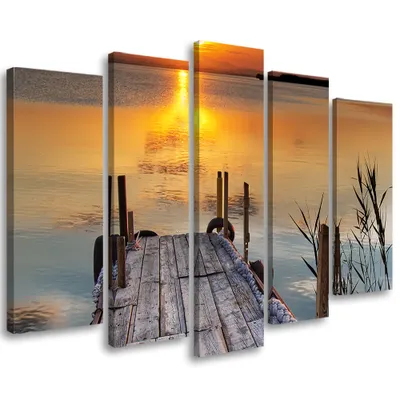 Produktbild von 5-teiliges leinwandbild sonnenuntergang brücke see 150x100 cm Feeby orange wandbild bereit zum aufhängen