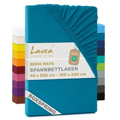 Produktbild von Lavea® Spannbettlaken 90-100x200 cm - Boxspringbett, Jersey, 40 cm Steghöhe, 100% Baumwolle, weich, atmungsaktiv, pflegeleicht, formstabil - Aquamarin