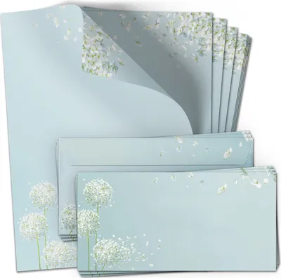 Produktbild von 10 Briefpapier mit Briefumschlag SET | Blumen Pusteblume Schneeball | Papier und Umschlag mit Design-Motiv bedruckt | 90 g/m²