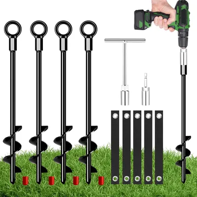 Produktbild von Erdanker Erdschraubanker Bodenanker - 46 cm - Stahl - Set mit 4 Stück - Mit Polyestergurten