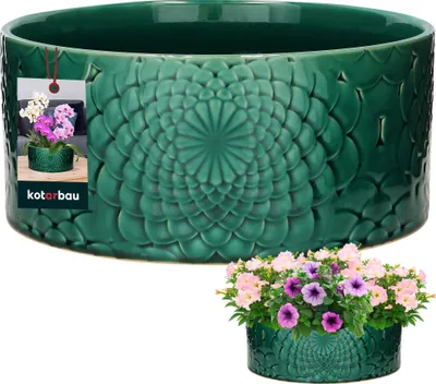 Image de KOTARBAU® Céramique Jardinière ronde couleur turquoise Hauteur 13 cm ⌀ 28 cm Jardinières pour l'extérieur Grand cache-pot Pot de fleurs plat rond Jardinière ronde Pot de fleurs Coupe Pot de fleurs