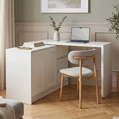 Image de Bureau pivotant à 360°, en L, d'angle, blanc, avec 3 tiroirs et une armoire. Bureau d'ordinateur peu encombrant. Dimensions : H 75 cm, L 110-170 cm, P 40 cm