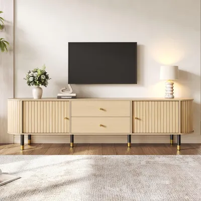 Immagine prodotto di Mobile TV da 180 cm, mobile TV con ante scorrevoli e due cassetti, mobile TV in legno effetto legno con angoli arrotondati, ideale per il soggiorno
