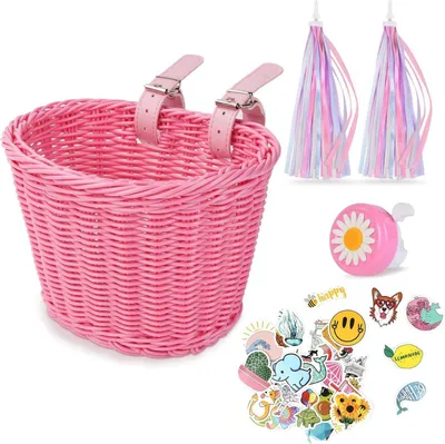 Produktbild von Fahrradkorb Kinder Mädchen Vorne Geflochten Rattan Abnehmbar Rosa