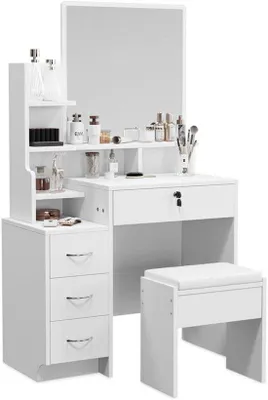 Immagine prodotto di Comò da trucco con grande specchio - comò da trucco bianco con 4 cassetti e sgabello - 144x87x40 cm - mobile bagno effetto legno