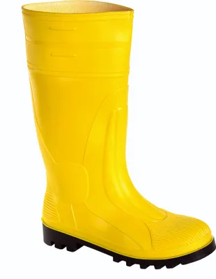 A single yellow safety boot with a black sole, isolated on a white background.