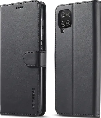 A black leather flip case for a Samsung Galaxy M32 4G phone is shown from two angles.