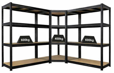 Produktbild von Mega Deal DINO | 1x Eckregal + 2x Schwerlastregal | HxBxT 180x250x60cm | Fachlast 400kg & 2x 600kg | Schwarz