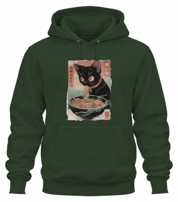 Obrázok produktu pre RMAEN Mikina s kapucňou, motív: ramen, čierna mačka, Japonsko, štýl Y2K, manga, farba: tmavozelená, veľkosť: XXL