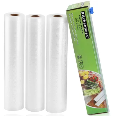 Zdjęcie produktu dla Worki do pakowania próżniowego KitchenBoss z pojemnikiem na noże: 3 rolki, wymiary 28x500 cm, do pakowania żywności