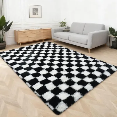 Image de Tapis à poils longs à motifs à carreaux, dimensions 140x200 cm, noir et blanc, lavable, antidérapant