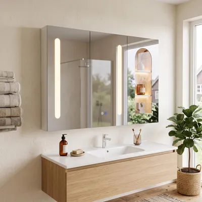 Produktbild von Spiegelschrank Badezimmer 120 cm, Badspiegel mit Beleuchtung & Anti-Beschlag, 3 Lichtfarben dimmbar per Touch, Badezimmerschrank Weiß, 120x15x90 cm