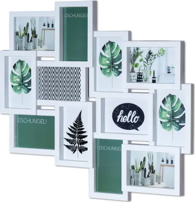 A white multi-photo frame collage displaying various botanical prints and text.