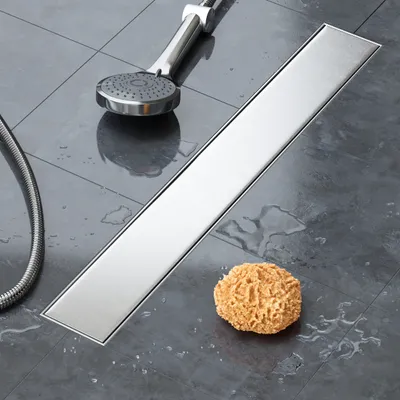 Produktbild von VILSTEIN Duschrinne 110cm, Edelstahl Bodenablauf Komplettset, extra flach, Siphon mit Geruchsstop, Haarsieb - Randablauf