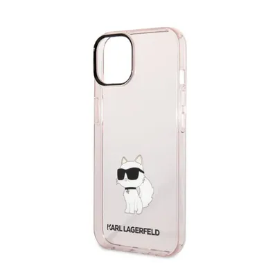A pink transparent iPhone case with a cartoon cat graphic and brand name.