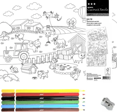 Immagine prodotto di Tovagliette di carta, 72 pagine da colorare, 2 x 6 matite colorate, 42 x 30 cm, 3 disegni