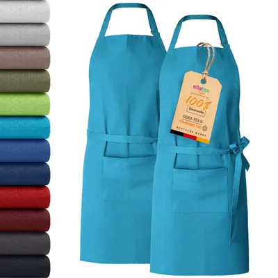 Produktbild von 2er Pack EllaTex Kochschürze Latzschürzen 100% Baumwolle Unisex Schürzen verstellbar mit Tasche Grillschürze Küche, Farbe: Türkis