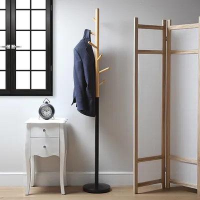 Garderobenständer mit 6 Haken, 180 cm, Metall/Bambusholz, schwarz