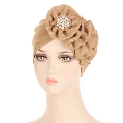 Produktbild von Damenhut mit Blumen-/Kunstperlen-Dekor, mehrlagig, einfarbig, weich, atmungsaktiv, elastisch, rutschfest, dekorative indische Mütze, Bandana-Mütze, Khaki
